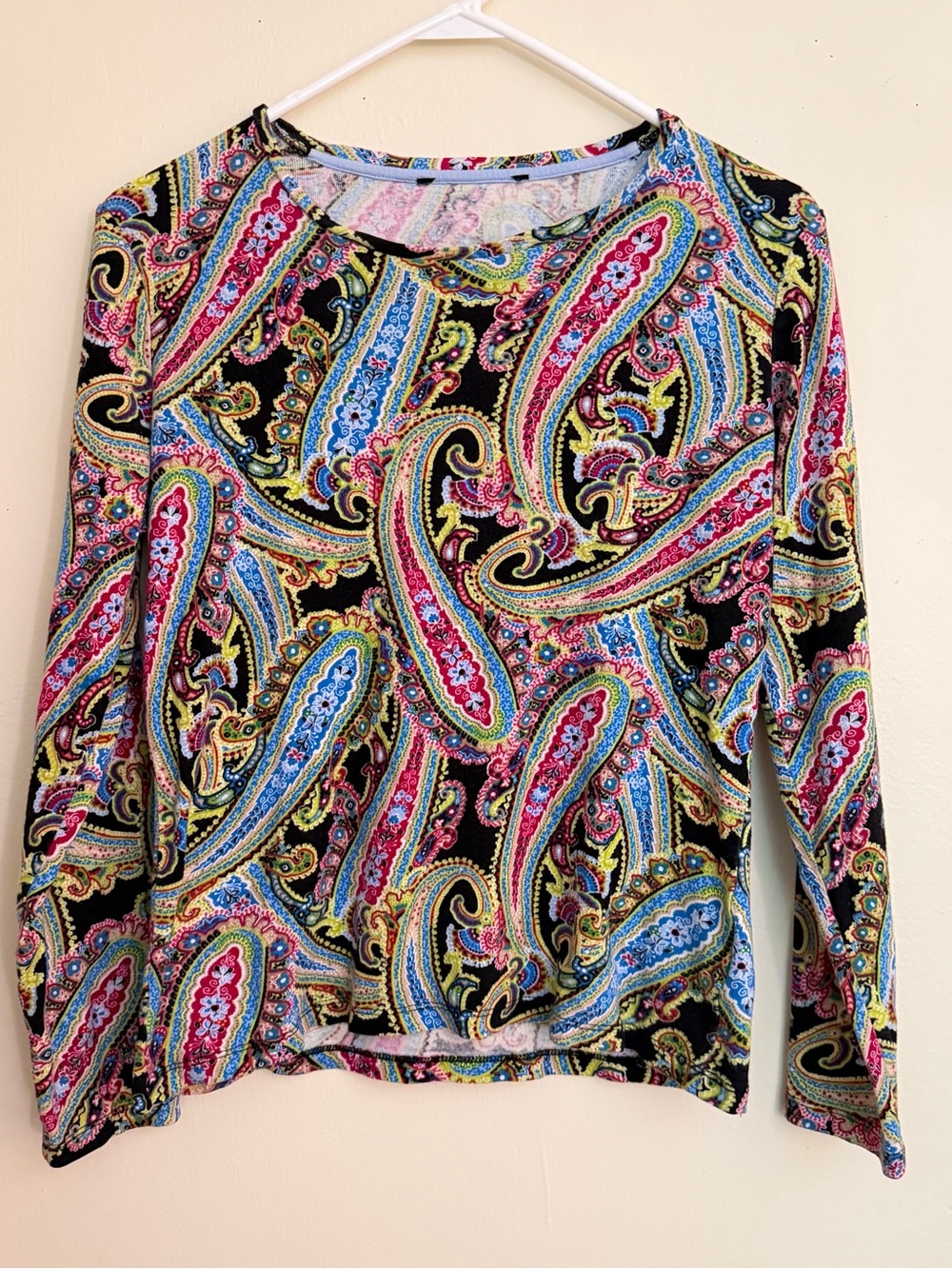 Womens Black Multicolor Paisley Long-Sleeve Top